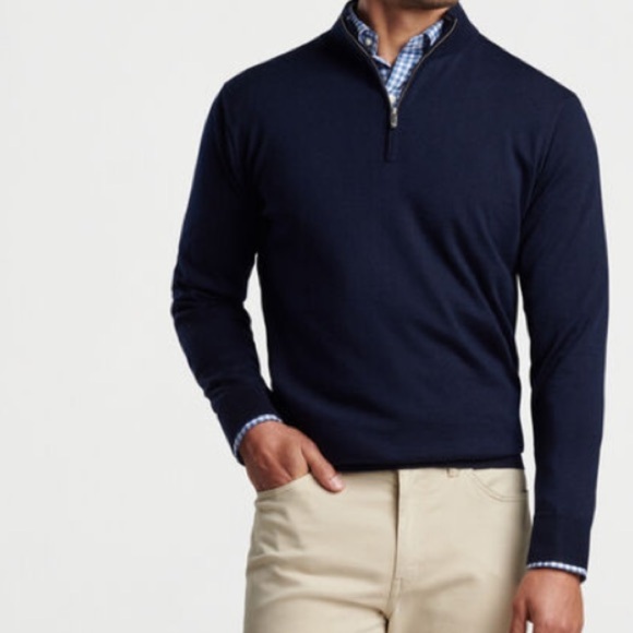 Peter Millar autumn crest suede trim quarter zip navy wool sweater size XXL - Picture 6 of 7